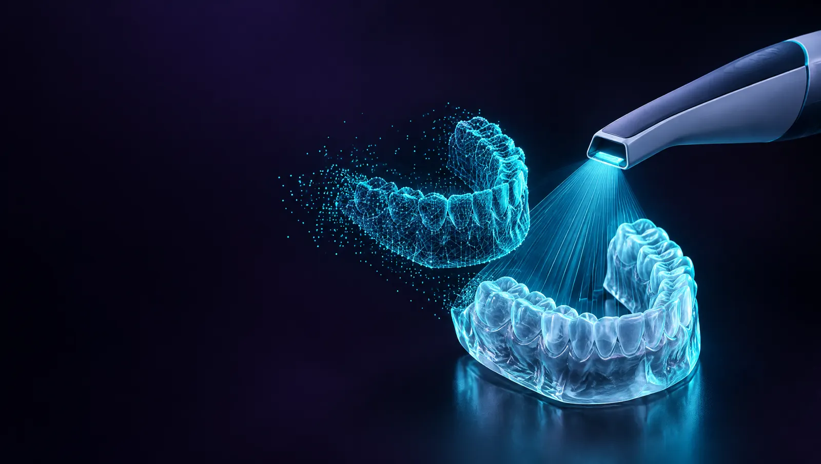 Escáner intraoral proyectando luz sobre un modelo dental mientras se forma su copia digital