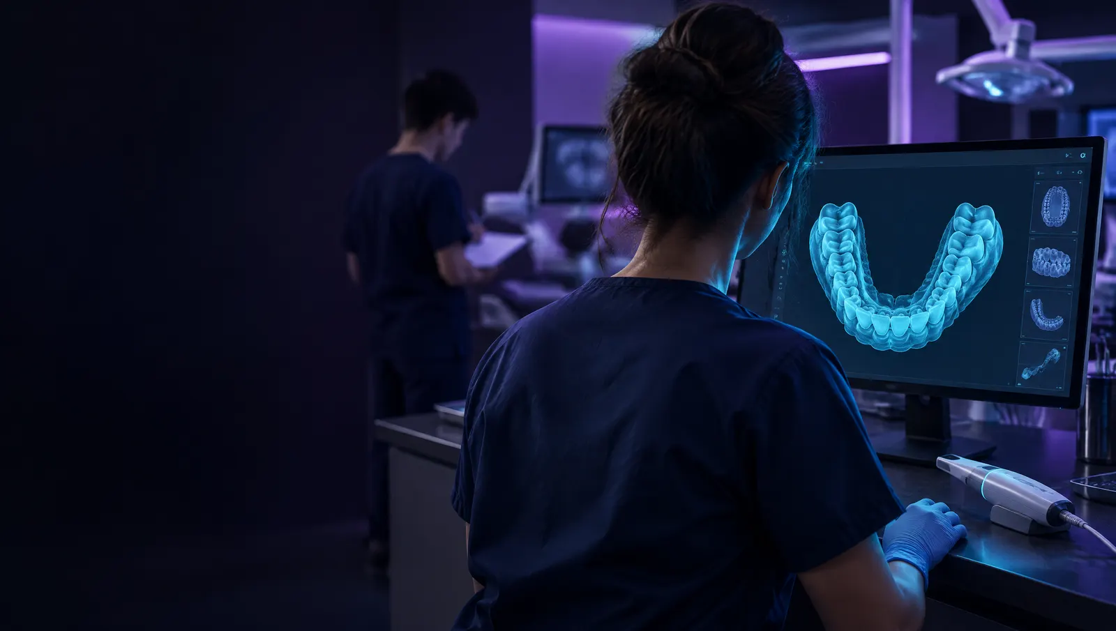 Residente de odontología revisando en un monitor el escaneo intraoral 3D de una arcada