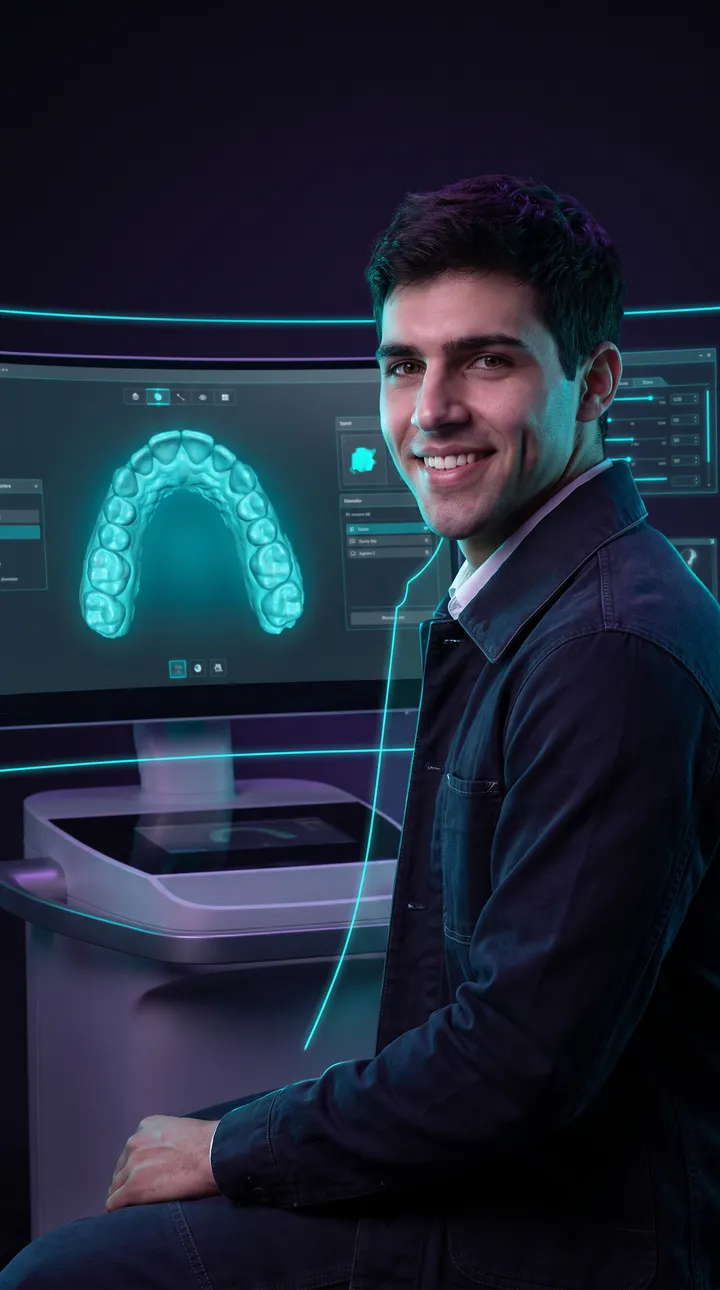 Milo, asesor virtual de 3D OrthoLab, junto a una pantalla con un escaneo dental en 3D