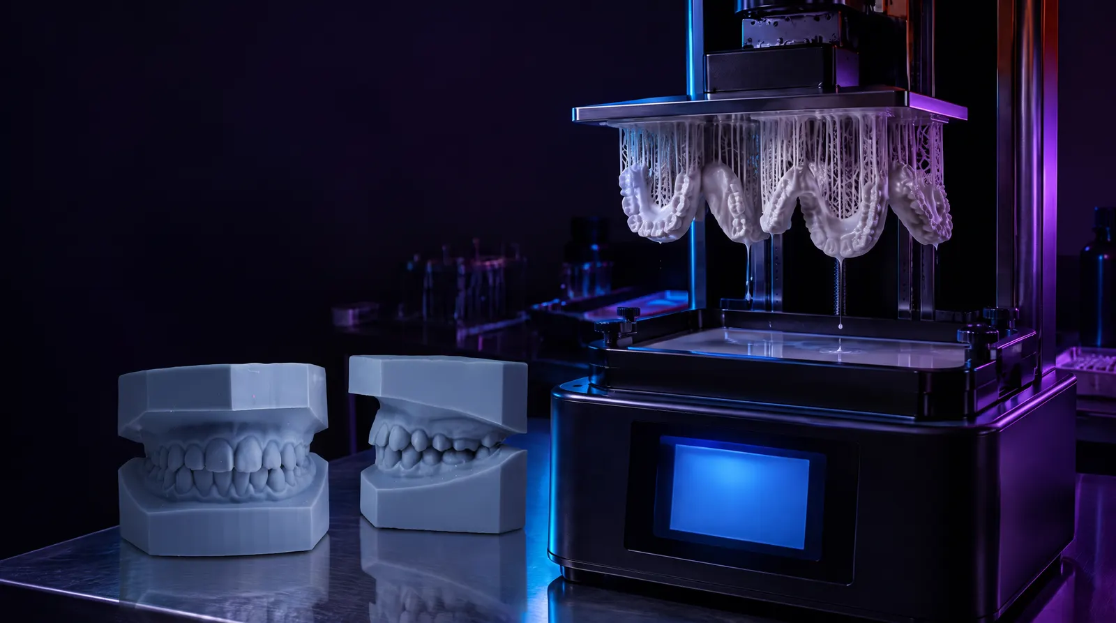 Impresora 3D de resina con modelos dentales colgando boca abajo de la plataforma y, sobre la mesa, modelos de estudio zocalados impresos en resina gris