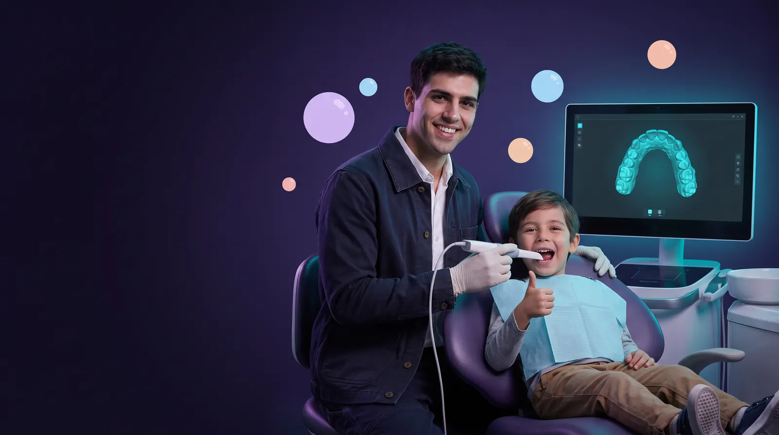 Milo, nuestro asesor, escanea a un niño sonriente; la cámara entra a su boca y sus dientes se convierten en un modelo 3D