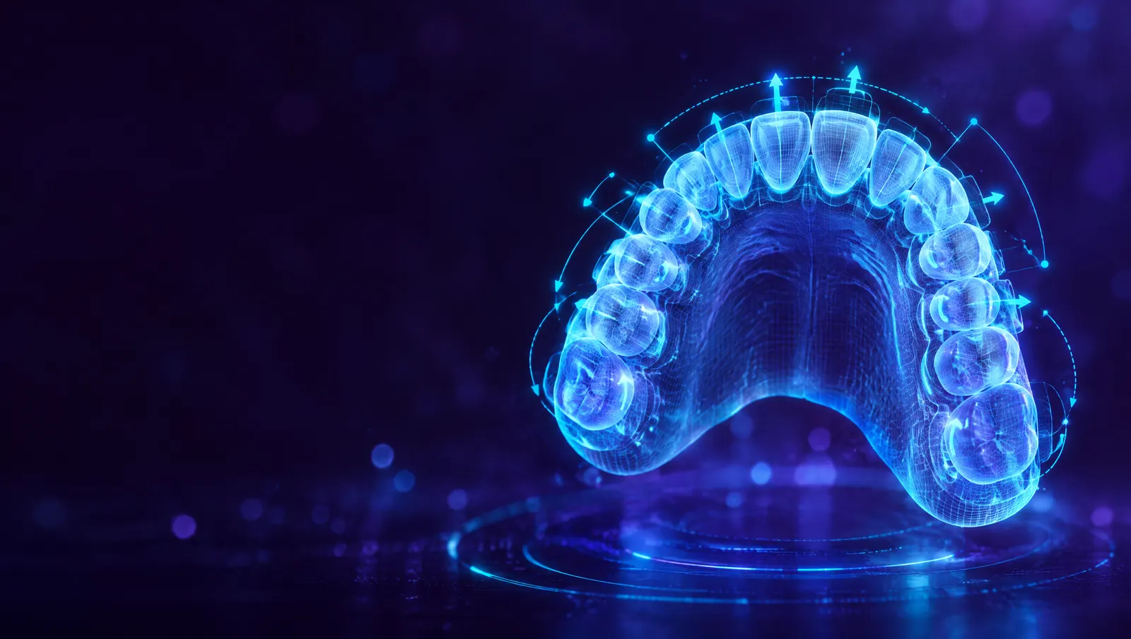 Arcada dental en holograma con líneas de planificación