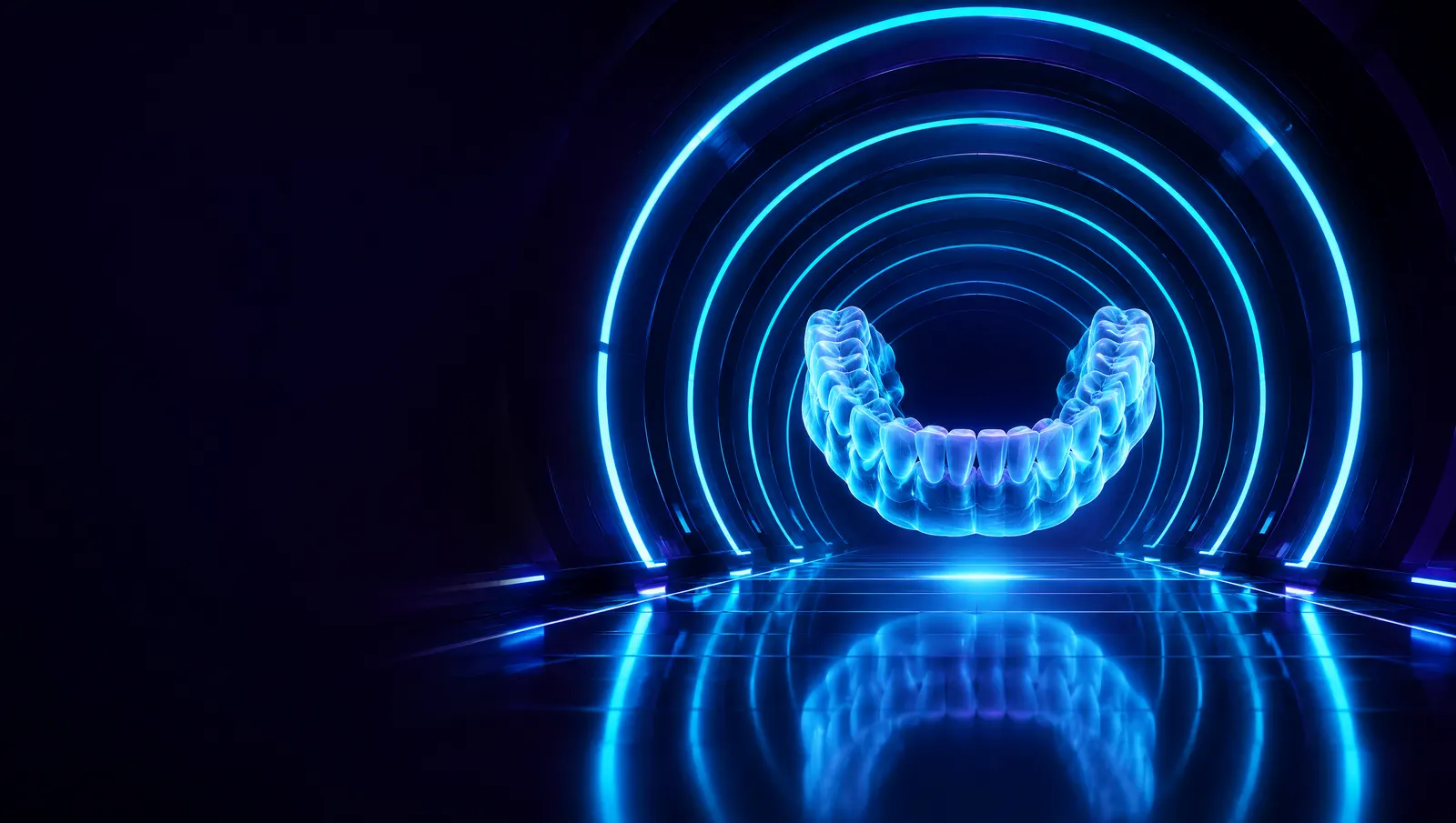 Túnel digital de anillos de luz con una arcada dental translúcida al fondo